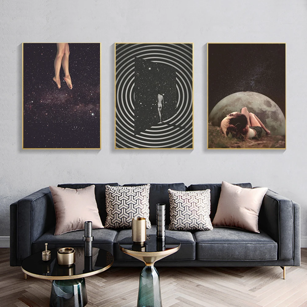 Девушка качели холст картина под ночным небом сюрреалистизм Галактика Космос