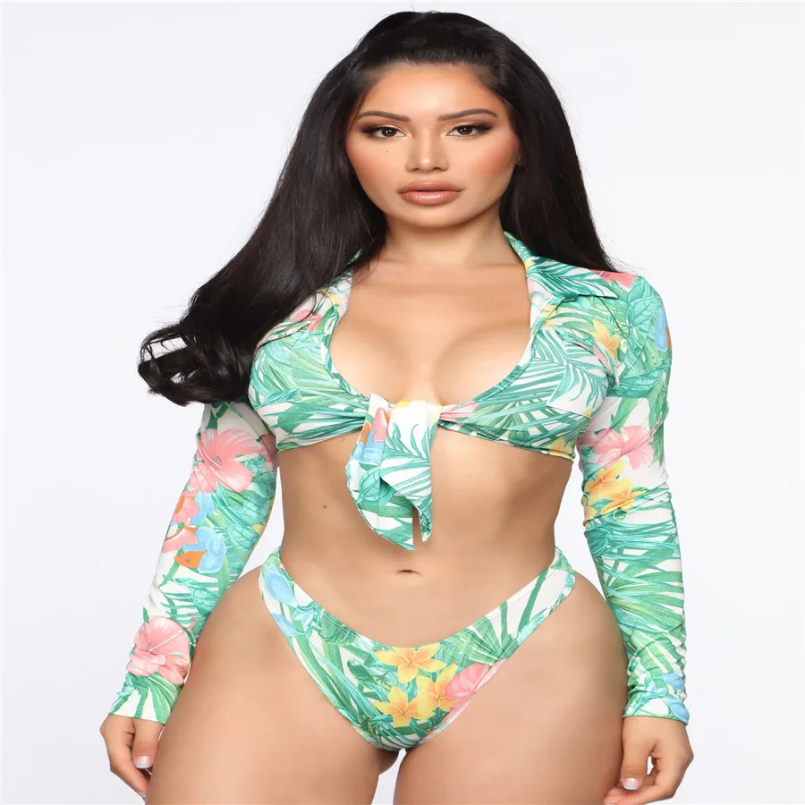 

Plus Size Swimsuit Two Pieces Swimwear Women S-5XL Sexy Leaf Print Monokini Bathing Suit Long Sleeve Beachwear Sets Woman 2021