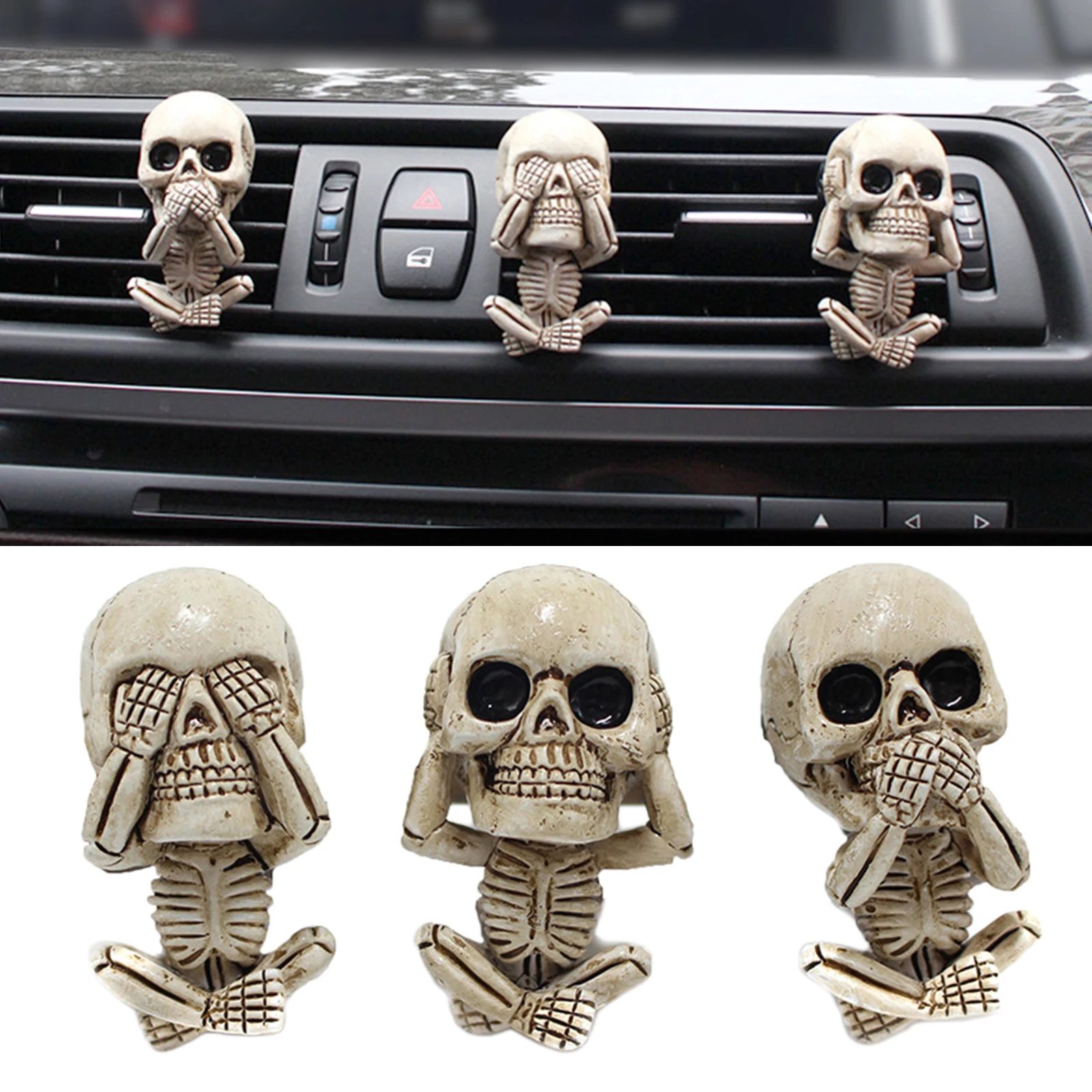 

3 Pack Miniature Skull Statue Car Air Vent Accessories Skeleton Figurine