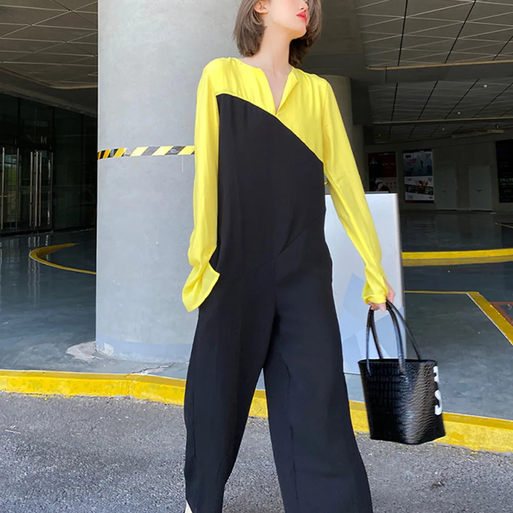 

Женский комбинезон контрастных цветов, элегантный комбинезон с V-образным вырезом и широкими брюками