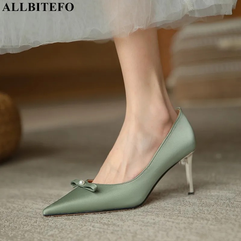 

ALLBITEFO comfortable real silk women heels shoes sheepskin insole fashion sexy high heel shoes party wedding shoes high heels
