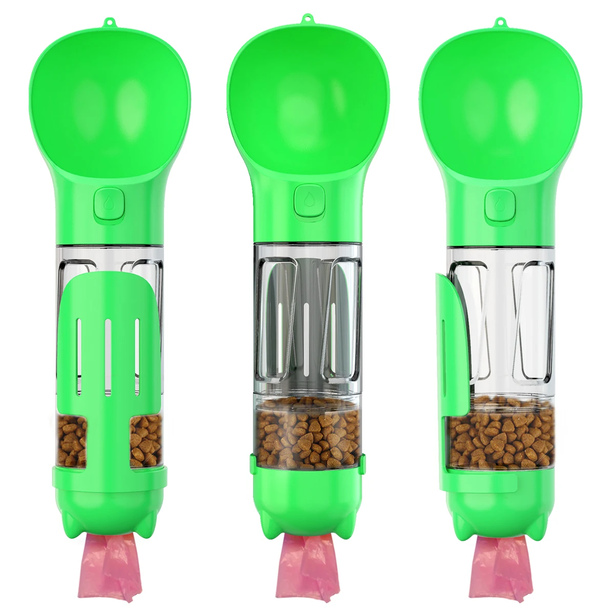 

Dog Water Bottle 4 in 1 Pet Dispenser with Drinking Bowl Food Storage Poop Bags Poop Shovel for Outdoor Walking