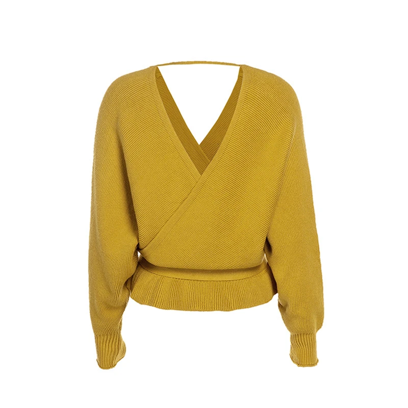 Женский вязаный пуловер с глубоким v-образным вырезом желтый винно-черный пояс