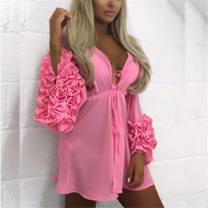 

Summer Sexy Beach Mini Dress Women Long Puff Sleeve Bikini Cover Up Tunic Pareo Sarong Swimwear Mesh Sundress Robe