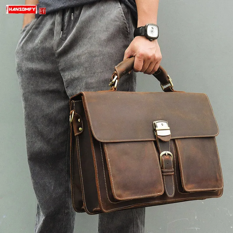 

New men's handbag crazy horse leather business men 15.6 inch laptop briefcase male lock documentary computer slung shoulder bags