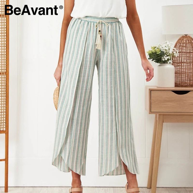 Женские широкие брюки в полоску BeAvant летние повседневные бохо из хлопка и льна с