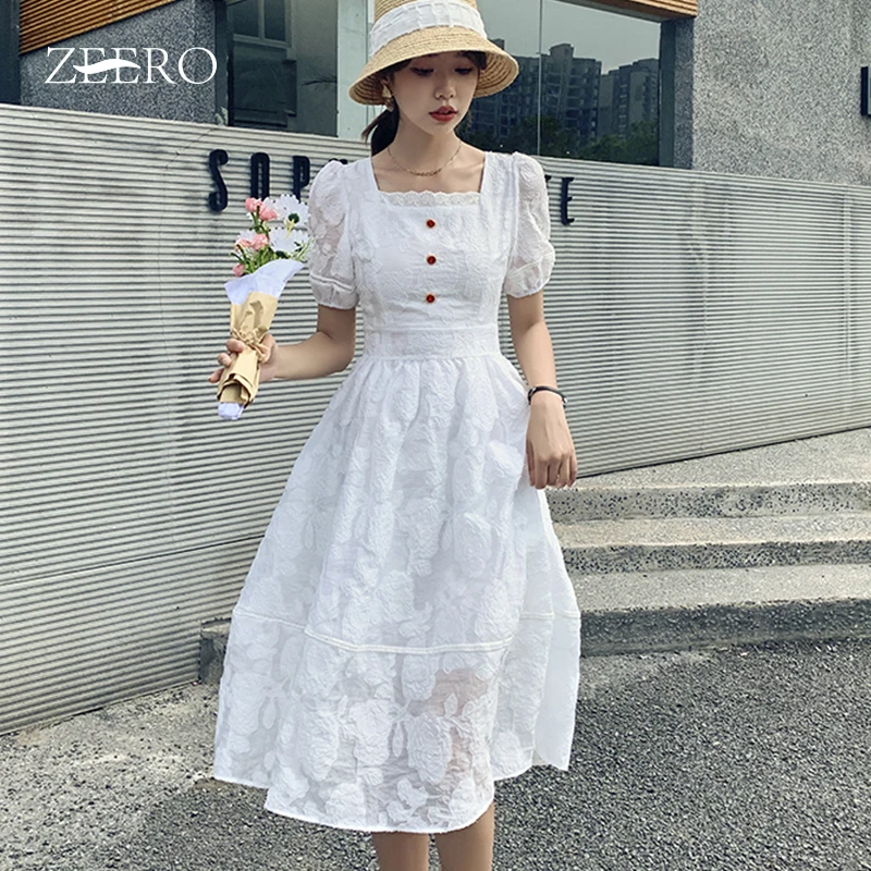 

2023 Korean Summer Holiday Dresses for Women Square Collar Sweet White Lace Midi Dress Female Puff Sleeve Party Dress Vestidos