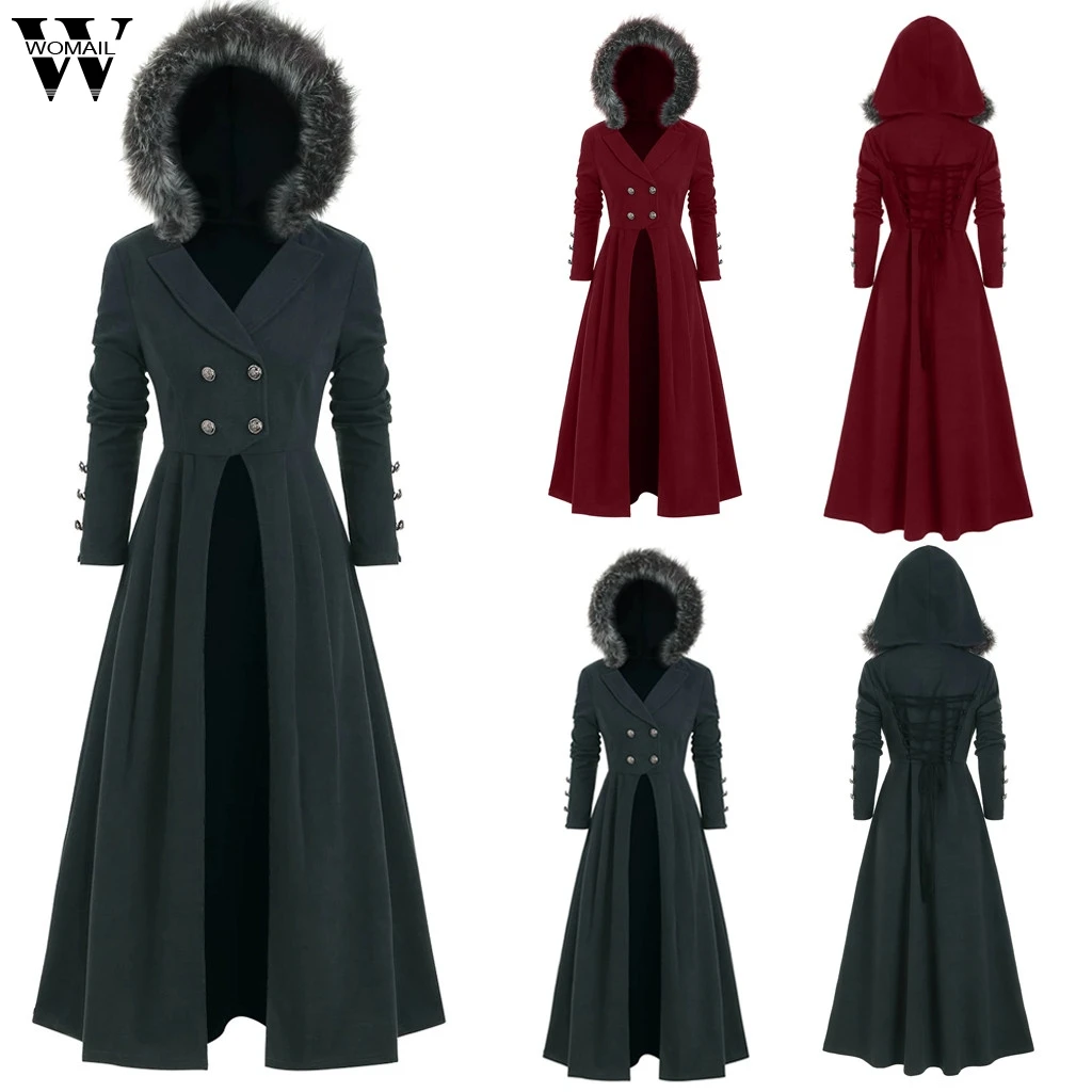 Womail женское готическое стимпанк длинное пальто на шнуровке с капюшоном куртки