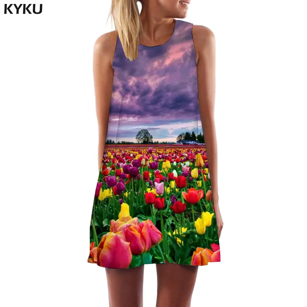 

KYKU Brand Flowers Dress Women Cloud Sundress Colorful Short Romantic Office Womens Clothing Summer Ladies Cool High Quality