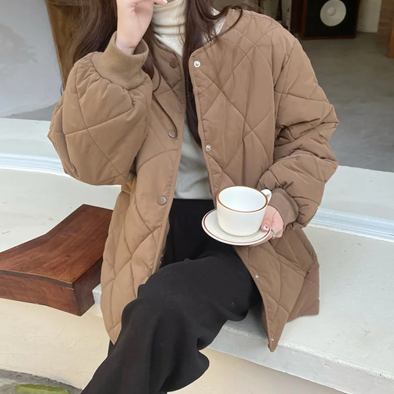 

Coffee Lingge Cotton Clothes Women's Autumn and Winter Ins Cotton Clothes 2021 New Small Korean Coat