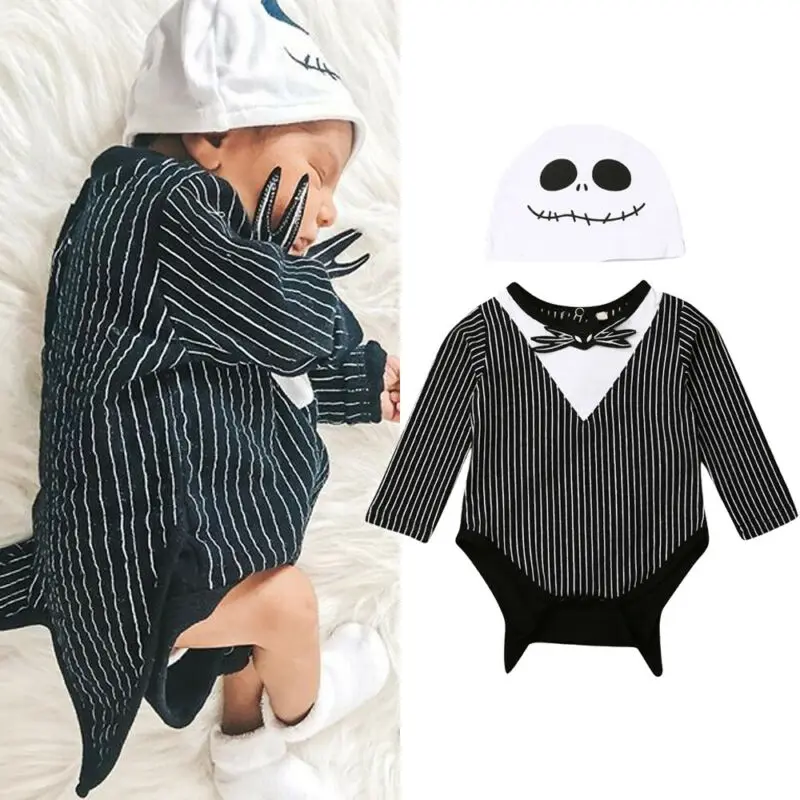 2Pcs Newborn Infant Kid Baby Boy Romper Halloween Bat Striped Long Sleeve Jumpsuit Playsuit Ghost Hat Clothes Costume 0-18M | Детская