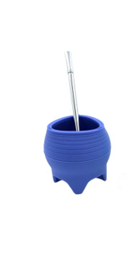 blue 7 унций силиконовая чашка Yerba, ложка, соломенная чайная кружка, модный портативный походный стакан, не сломанная посуда для напитков, 200 мл, без BPA - Цвет: blue