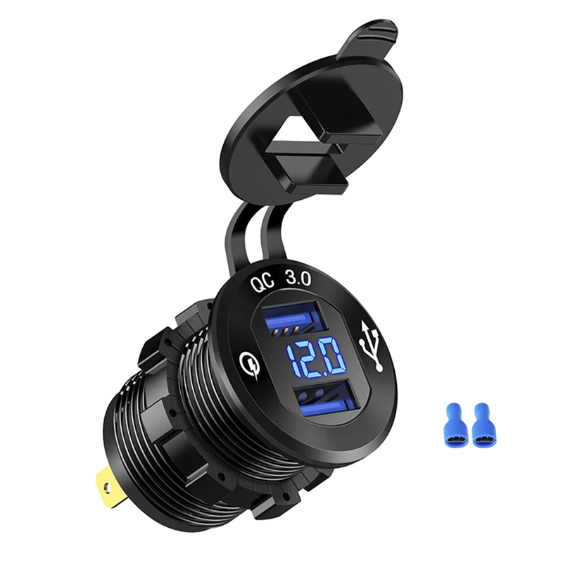 Quick Charge 3.0 Dual USB Car Charger Fast Socket Aluminium Power Outlet with LED Voltmeter for 12V 24V Boat Marine | Автомобили и