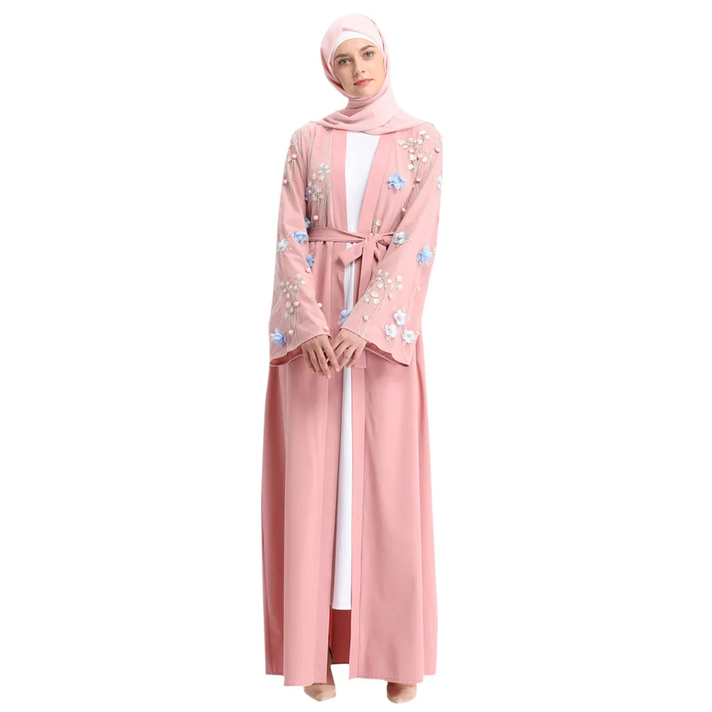 Pink KLV женские ажурные мусульманские платья с длинными рукавами, большие размеры, мусульманские костюмы Абайи, женское платье с цветочным принтом, Арабская мусульманская одежда - Цвет: Pink