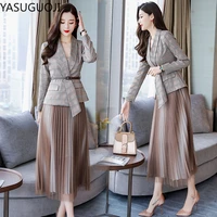 yasuguoji office lady casual plaid blazer mesh pleated skirt suit set women formal blazer skirt set jacket skirt suits women