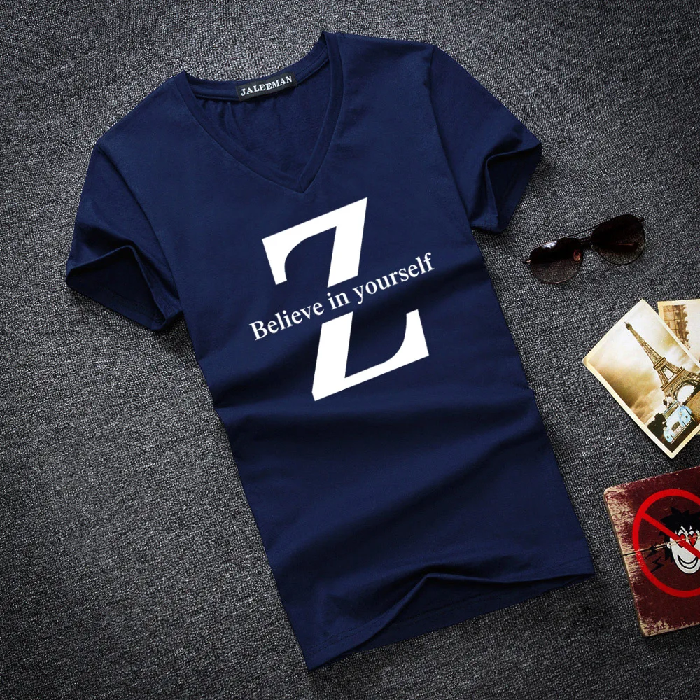 Мужская приталенная футболка с коротким рукавом и V образным вырезом|men summer|brand t