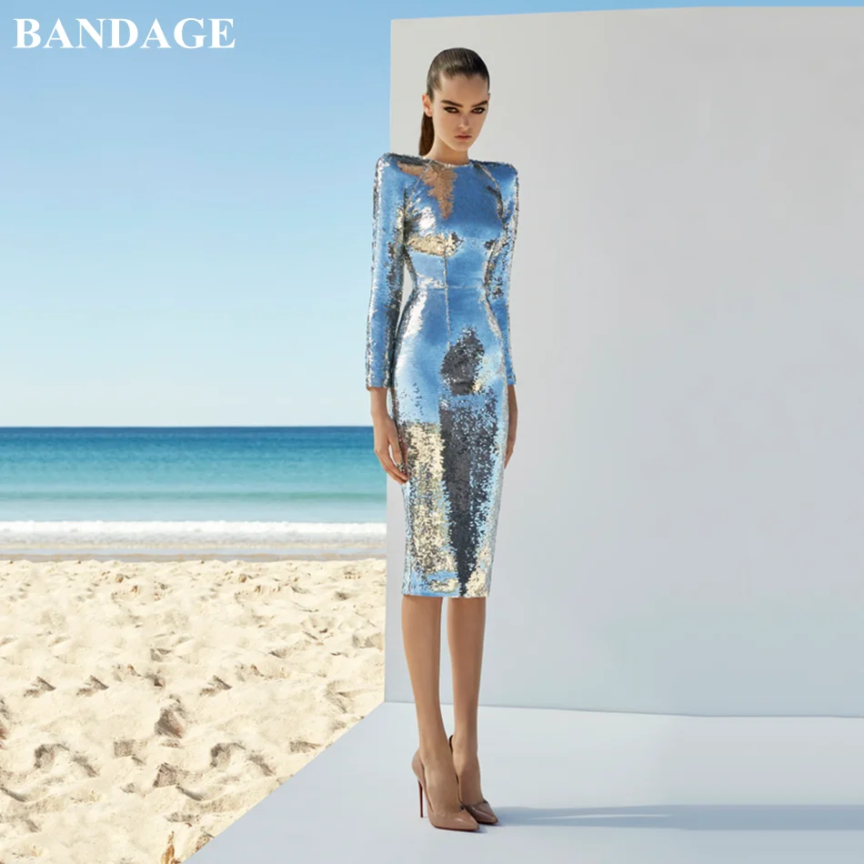 Женское облегающее платье с длинным рукавом серебристое кружевное Клубное