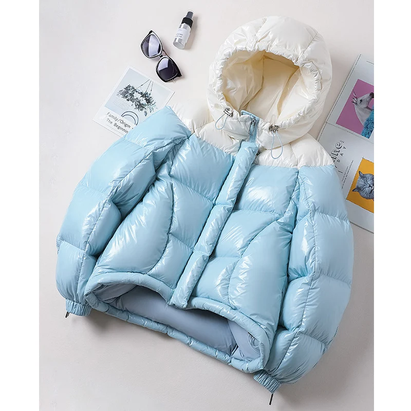 Зимнее пальто из искусственной кожи Женский глянцевый лоскутный пуховик с