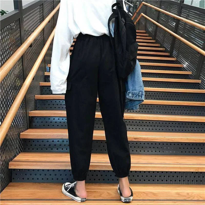 

Cargo Pants Women Ankle Length Bandage Solid Pockets Unisex Boyfriend Teenagers Females All-match Ulzzang Stylish Students Chic