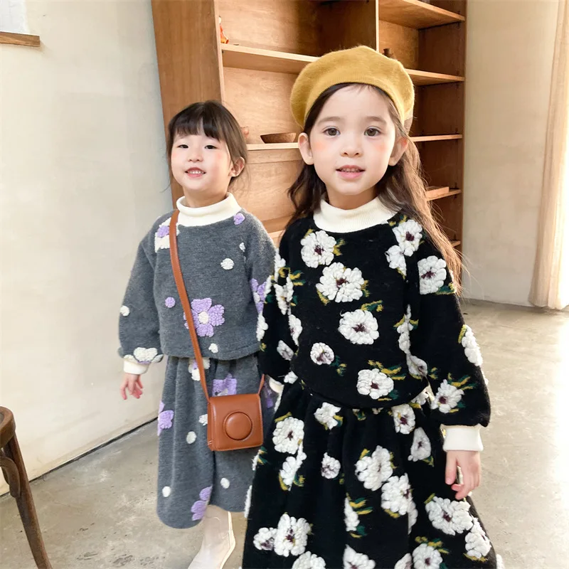 

2021 Winter New Product Children's Suit Korean Three-dimensional Flower Skirt Suit Girl Plus Velvet Thick Two-piece Suit