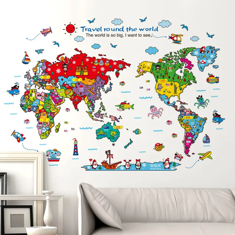 

Big Cartoon World Map Wall Stickers Animals Elements Wallpaper Baby Room Kids Room Eco Friendly Wall Decoration For DIY Nursery