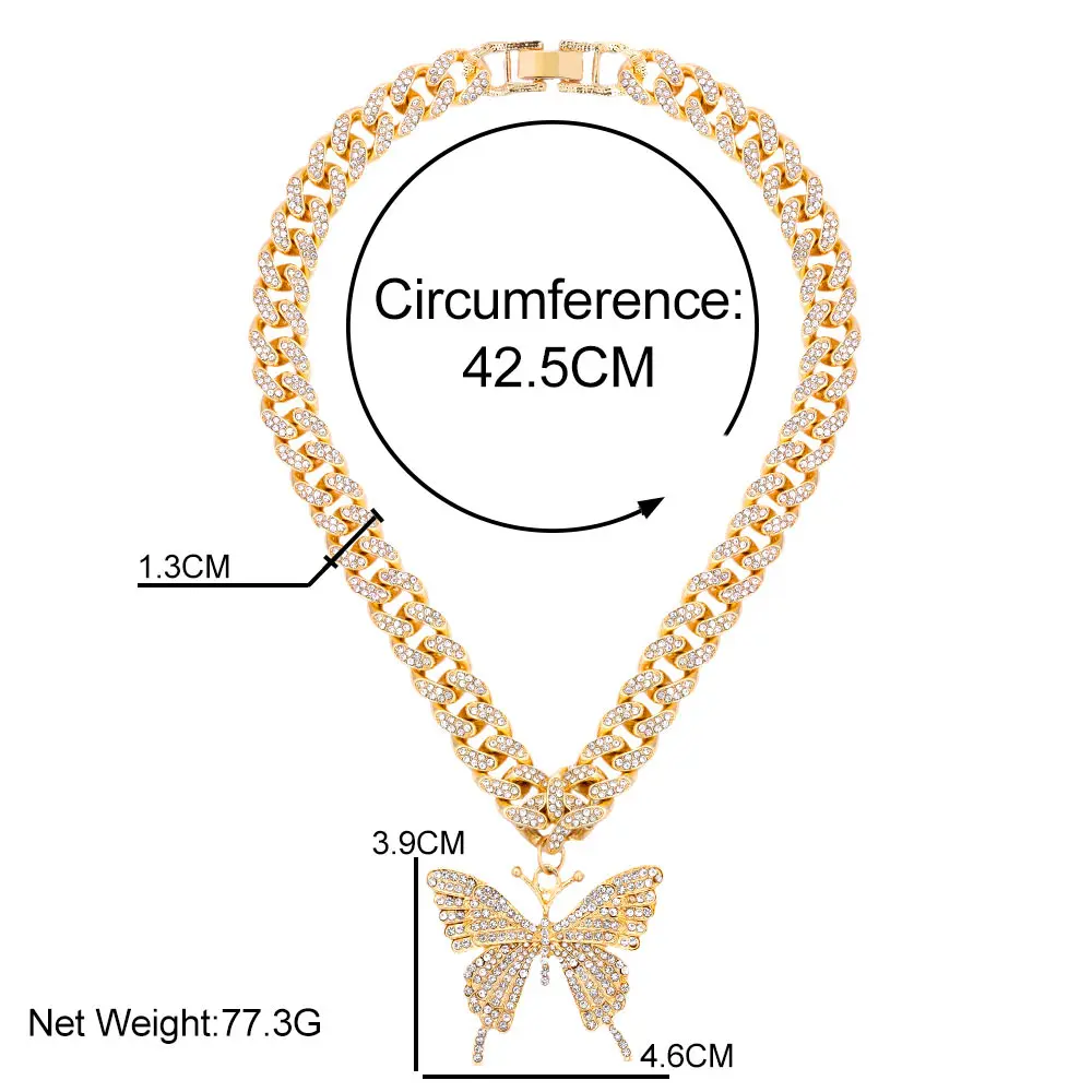 

Bling Big Butterfly Pendant Chunky Cuban Chain Choker Necklace for Women Ice Out Shiny Rhinestone Necklace New Fashion Jewelry