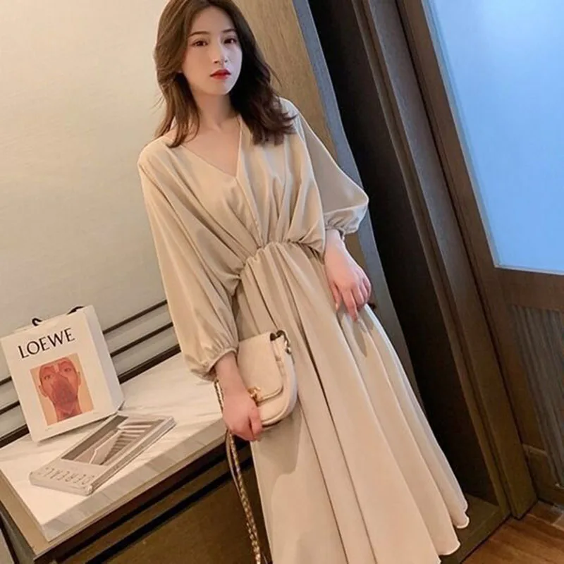 

Ginzagirl New Loose Dress Casual Women's Chiffon Elegant Retro Trend OL Sleeve Spring Summer Mid Length Dress