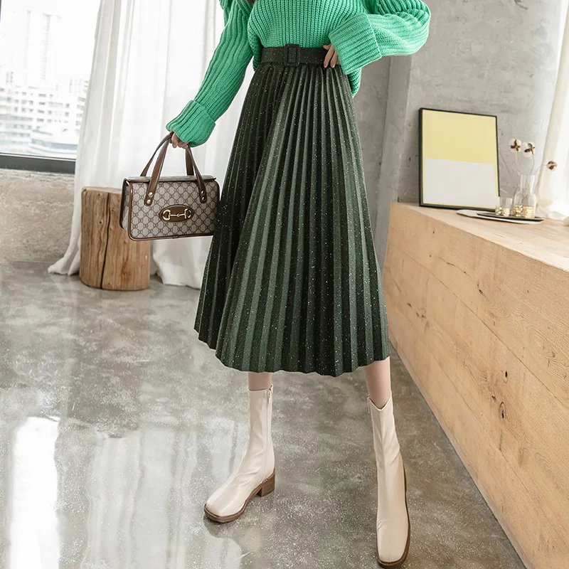 

Женская юбка с поясом на резинке, Осень-зима 2020, плиссированная однотонная винтажная Модная Повседневная широкая юбка средней длины с поясо...