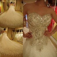 custom made luxury a line wedding dresses netting satin applique beading crystals floor length bridal gown chapel train corset