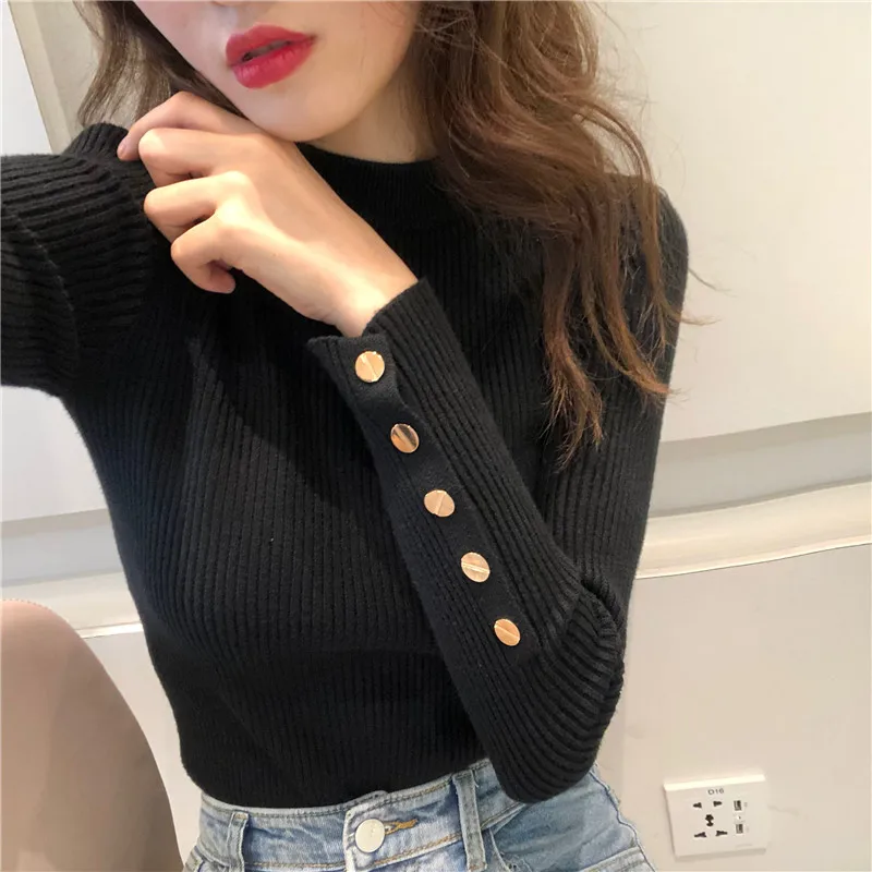 

2021Elastic Tight Winter Sweater Women Wild Self-cultivation Solid Half High Collar Button Knit Sweater Women Pullovers Tops