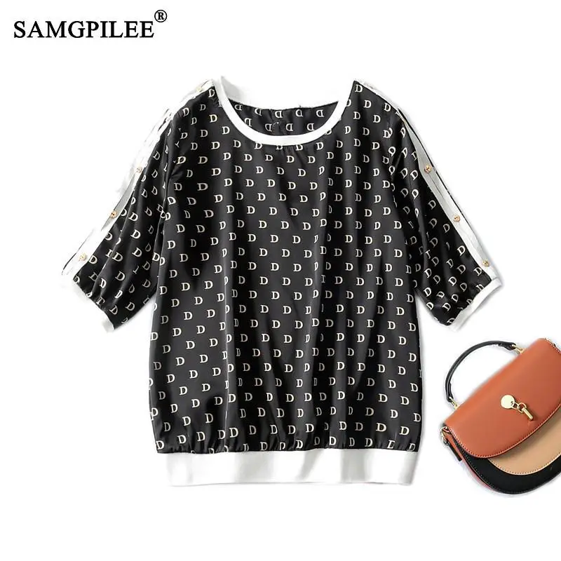 

Summer 2021 European Women's Clothing O Neck Letter Pattern Stitching Print Thin Short Sleeves Chiffon T Shirt Oversized 4XL