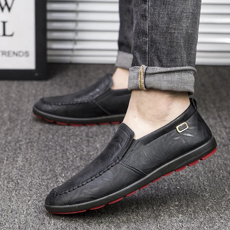 

2021 Summer Autumn New Fashion Men's Leather Casual Shoes Breathable Slip-on Rubber Shallow Flat Loafers Waterproof for Daily