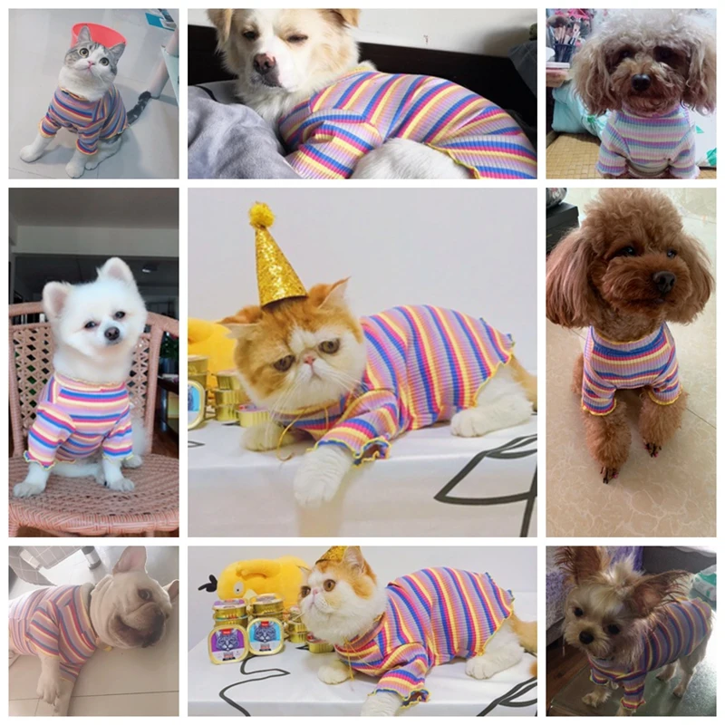 Полосатые радужные хлопковые футболки для собак на осень и зиму удобное пальто