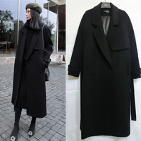 zt huarui lente en herfst vrouwen halflange wollen jas mode slanke trenchcoat zwarte gordel jas zt168
