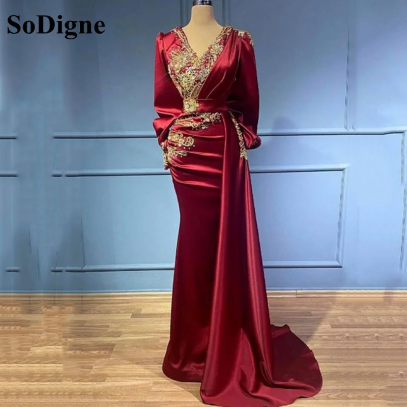 SoDigne Long Sleeves Red Mermaid Prom Dresses Gold Lace Applique V Neck Modern Evening Dress Sexy African Party Gowns