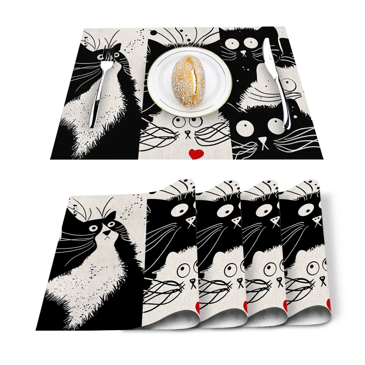Черно белая подстилка в виде кошки моющаяся хлопковая льняная скатерть коврик