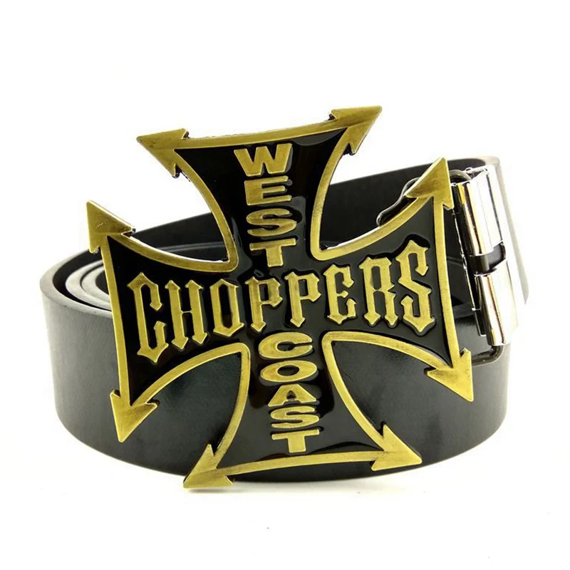 Black Casual Waist Hip Belts for Men with Golden Letters CHOPPERS WEST COAST Cross Metal Buckle Western Cowboy Cool Accessories