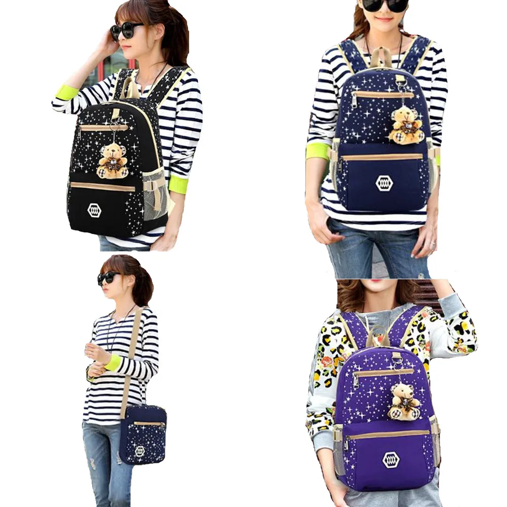 3pcs/set Women Backpack School Bags Star Printing Cute Backpacks With Bear For Teenagers Girls Travel Bag Rucksacks Mochila
