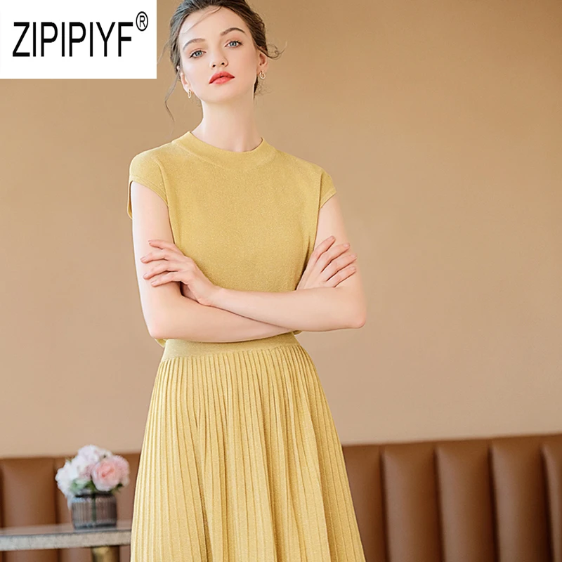 Простой дизайн модные женские комплекты водолазка без рукавов вязанный Топ