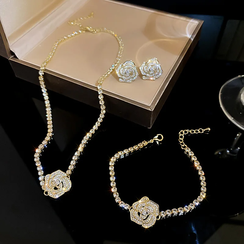 

Trendy Fairy Shiny Crystal Rhinestone Rose Flower Necklace/Earrings/Bracelet Jewelry Set for Women Wedding Choker Accessories