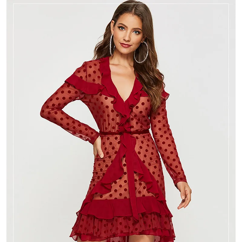 

Женское винтажное платье с оборками, красное платье в горошек с V-образным вырезом и длинным рукавом, офисное платье для вечерние, весна 2019
