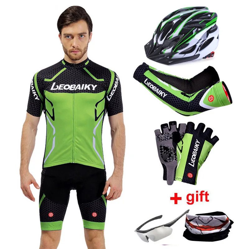 full set Green Mtb Pro Team Bicycle Clothes Men Mountain Bike Clothing Breathable Anti-UV Sport Wear Short Sleeve Cycling Jersey Shorts Sets - Цвет: full set Green