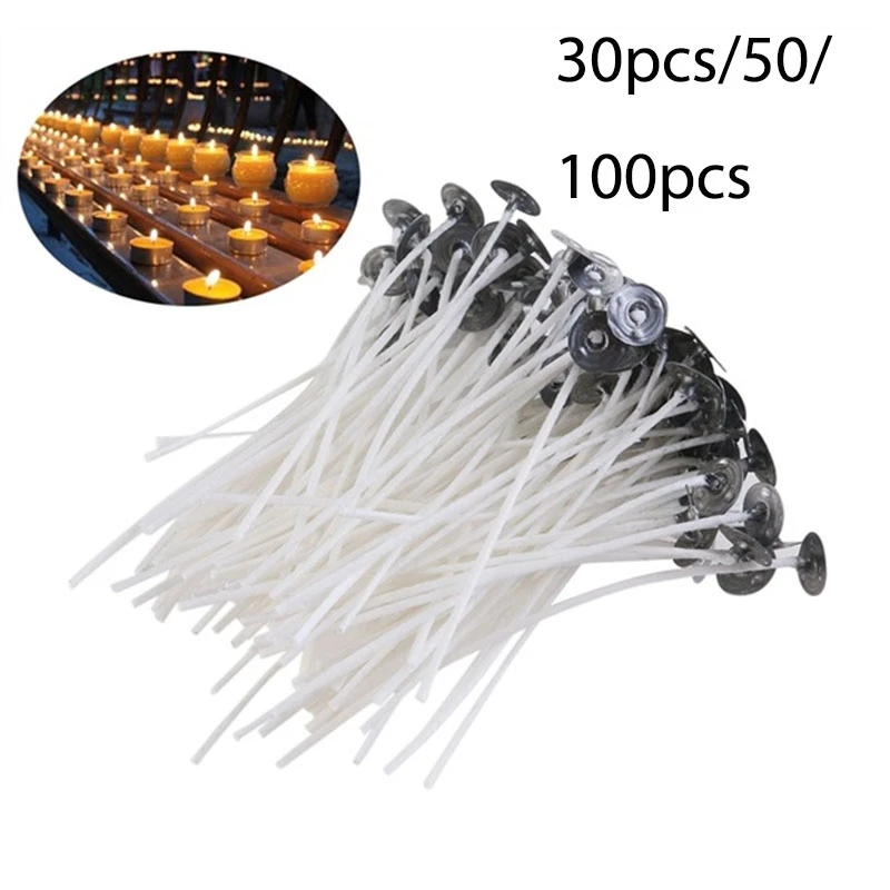 New 20/50/100PCS Candle Wicks Cotton Core Waxed Wick with Sustainer 10-20CM 