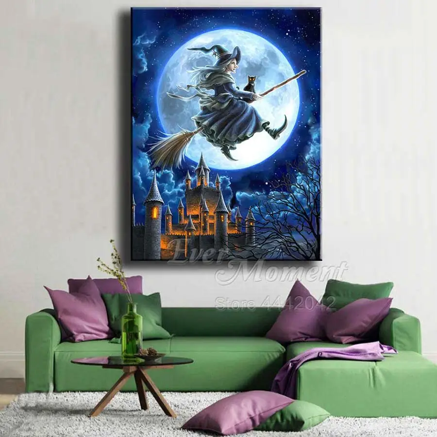 Ever Moment Full Square Drill Diamond Painting Witch Castle Moon Night Embroidery Mosaic Rhinestone Home Decor S2F023 | Дом и сад
