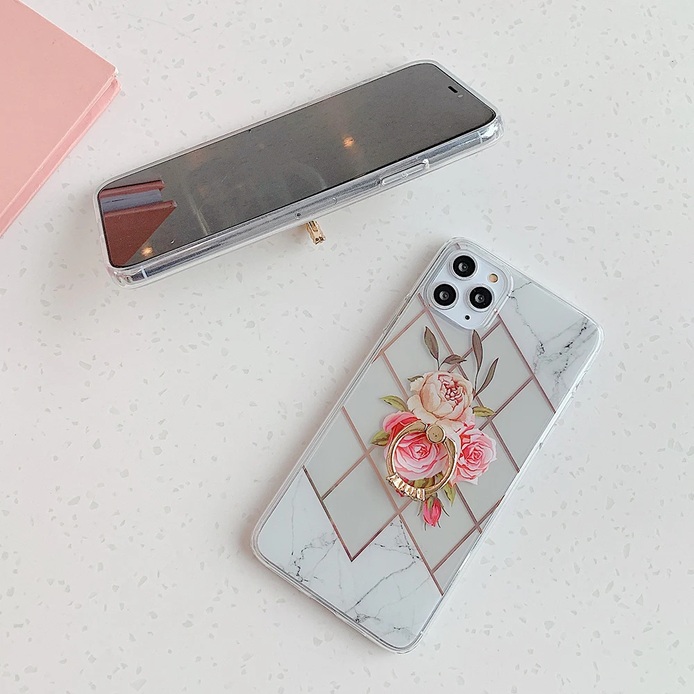 Retro Rose Floral Ring Stand Phone Case For iPhone 11 Pro Max XR X XS 7 8 Plus Soft IMD Plated Line Back Cover | Мобильные телефоны