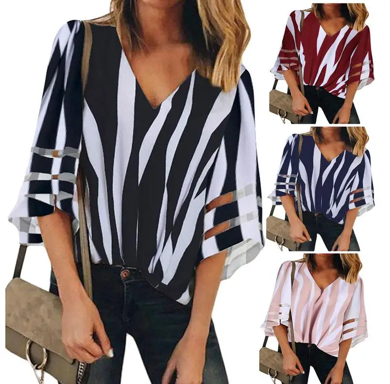 

Womens Casual Loose Patchwork Flared Sleeve Striped Printed Shirt