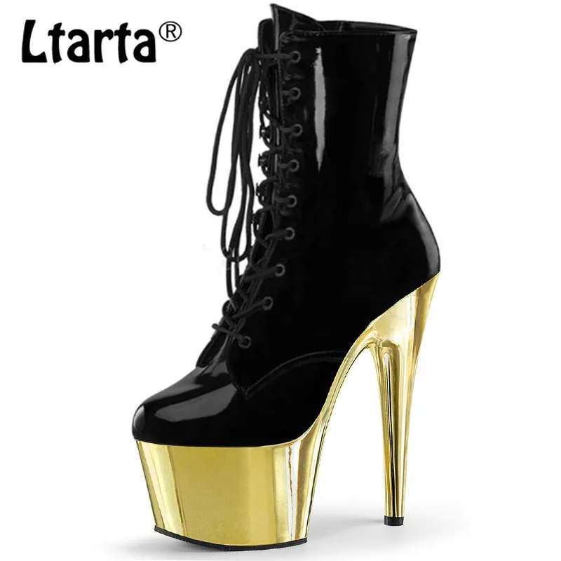 

Ltarta 15CM Fashion Pole Dance High Heels Waterproof Platform Sexy Nightclub Hate Sky High Model Catwalk Lace-up Boots LYP