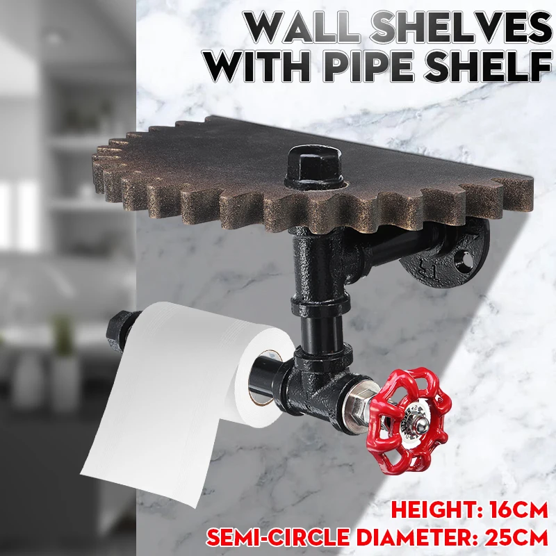 

Toilet Roll Holder Multifunction Retro Style Iron Pipe Wall Mount Paper Towel Rack with Wooden Storage Shelf Bathroom Rack