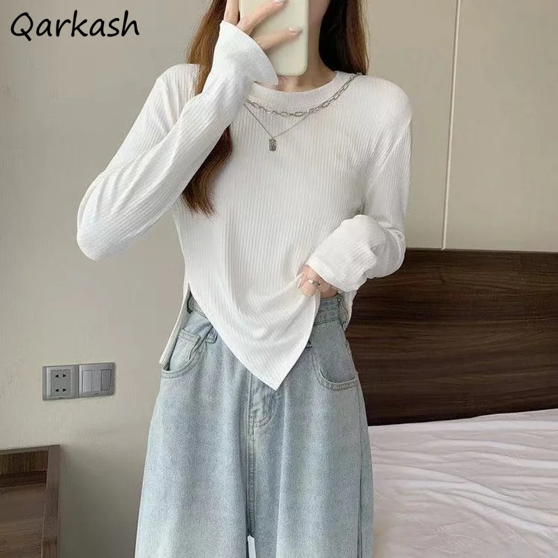 

Designer T-shirts Women Asymmetrical Side-slit Solid Large Size Tees S-3XL Slim Hipster Ulzzang Crop Top Females Long Sleeve Hot