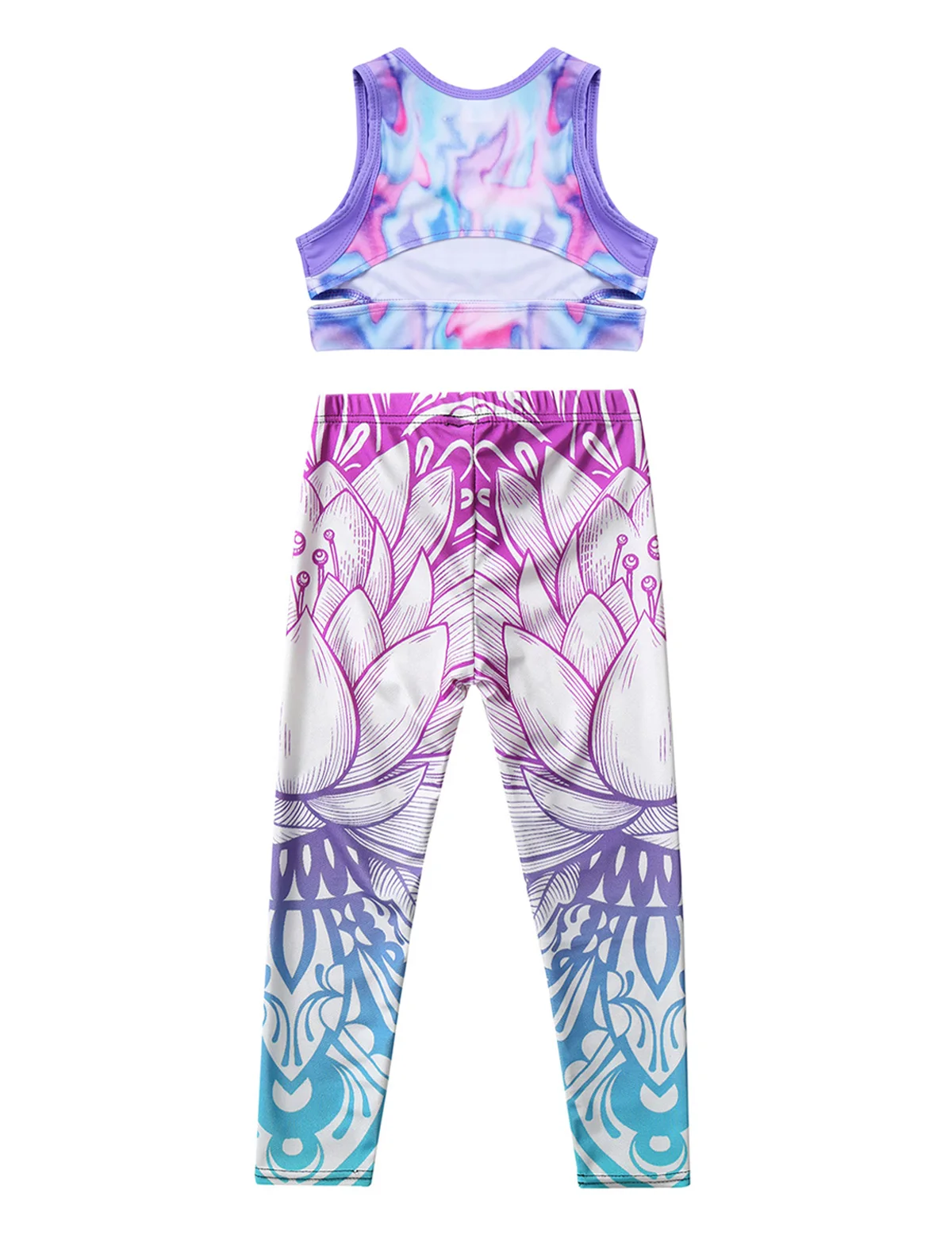 Костюм для девочек для гимнастики и танцев. Безрукавная топ с принтом в технике окрашивания "креп-шебби" и облегающие леггинсы для фитнеса.